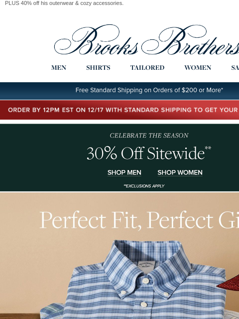 brooksbrothers newsletter: 30% off shirts: gift them the very best