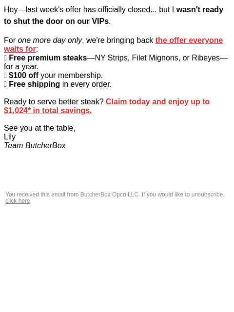butcherbox newsletter: 🥩 Offer’s back, but only for VIPs!