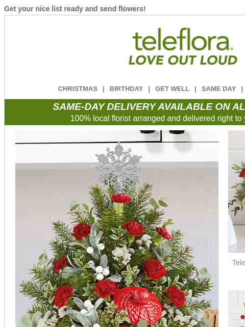 Get your nice list ready and send flowers! View in browser ‌ teleflora CHRISTMAS | BIRTHDAY | GET WELL | SAME DAY | DEAL OF THE DAY SAME-DAY DELIVERY AVAILABLE ON ALL BOUQUETS! 100% local florist