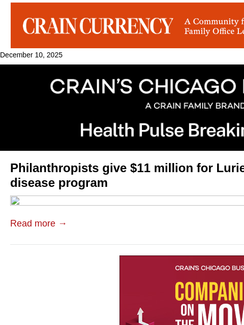crainalerts newsletter: Lurie Children's gets $11M gift
