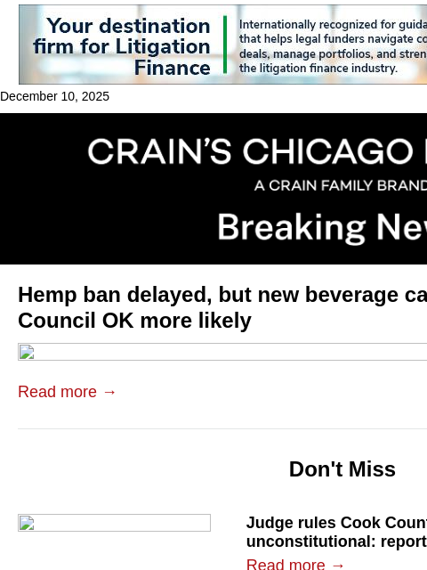 crainalerts newsletter: Citywide hemp ban delayed