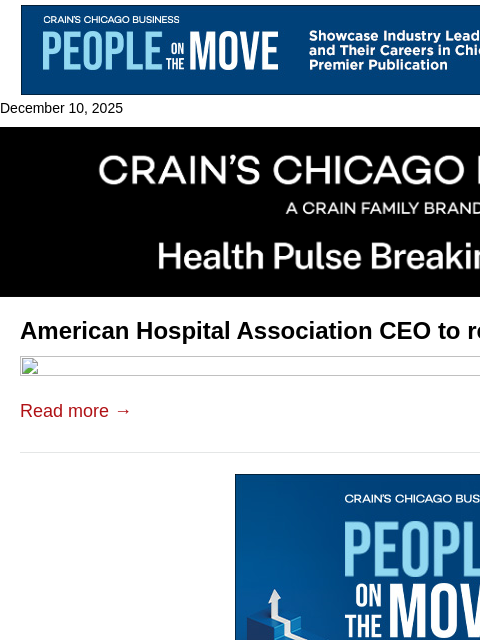 crainalerts newsletter: AHA CEO stepping down