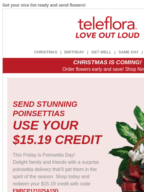 teleflora newsletter: Re: Your [$15.19] Credit