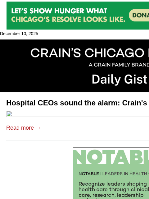 crainalerts newsletter: Hospital CEOs sound the alarm: Crain's Daily Gist ...
