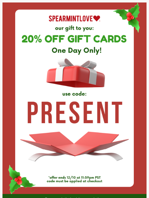 spearmintlove newsletter: Save 20% on Gift Cards - One Day Only 🎁