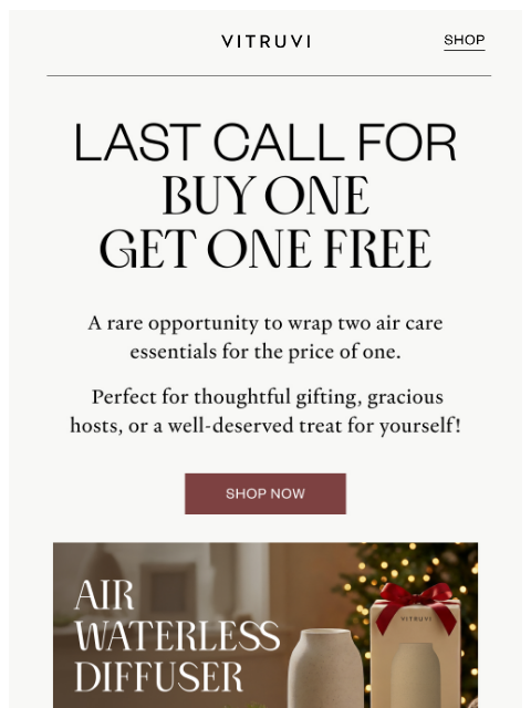 vitruvi newsletter: LAST CALL For A Free Air Waterless Diffuser ✨