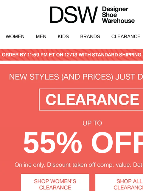 dsw newsletter: Ends tonight: Up to 55% off clearance