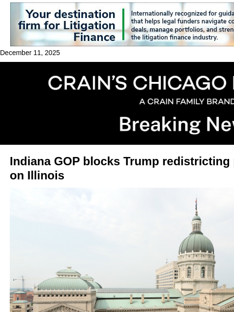 crainalerts newsletter: Indiana GOP blocks remap, easing pressure on Illin...