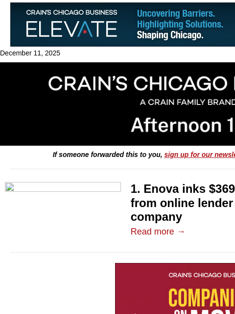 crainalerts newsletter: Enova's $369M transformation