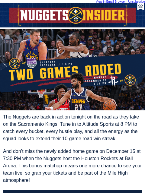 thedenvernuggets newsletter: Don’t Miss the Added Home Game on 12/15
