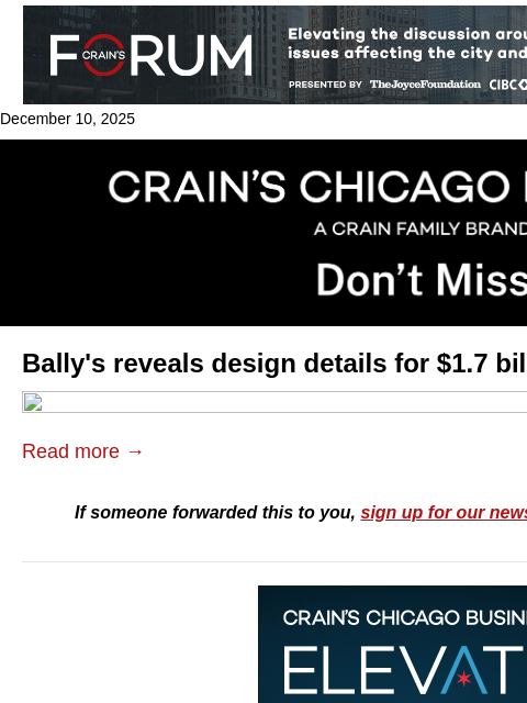 crainalerts newsletter: Bally's unveils Chicago casino details