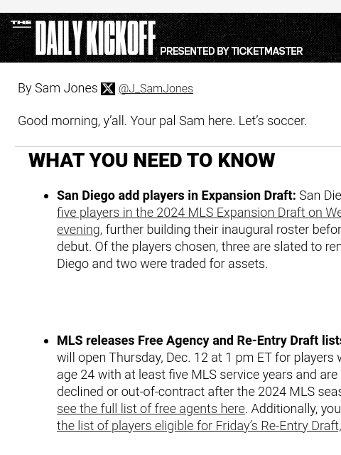 5 most interesting free agents your team could sign By Sam Jones Twitter @J_SamJones Good morning, y'all. Your pal Sam here. Let's soccer. WHAT YOU NEED TO KNOW San Diego add players in