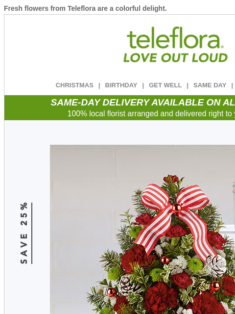 Fresh flowers from Teleflora are a colorful delight. View in browser ‌ teleflora CHRISTMAS | BIRTHDAY | GET WELL | SAME DAY | DEAL OF THE DAY SAME-DAY DELIVERY AVAILABLE ON ALL BOUQUETS! 100% local