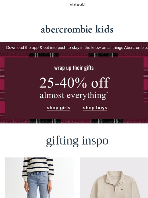 abercrombie newsletter: holiday movie night + 25-40% OFF