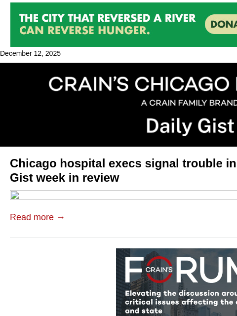crainalerts newsletter: Chicago hospital execs signal trouble in 2026: Cra...