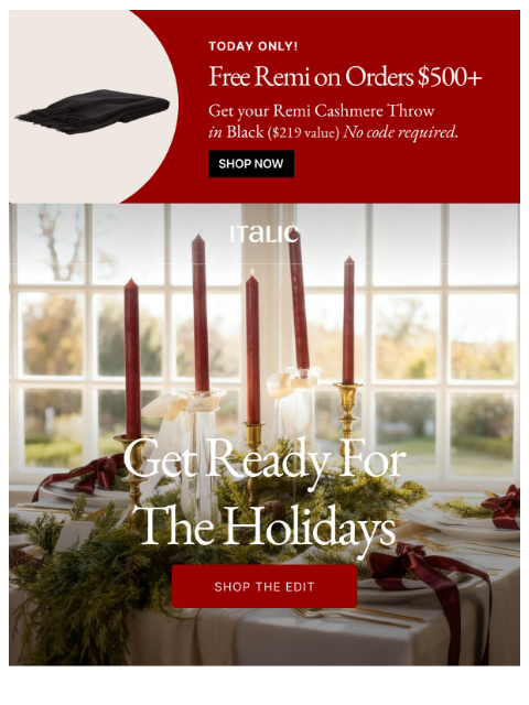 italic newsletter: FREE Cashmere Throw on Orders $500+