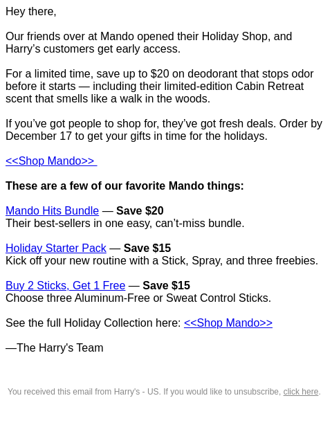 harrys newsletter: Holiday Deals from Our Friends at Mando