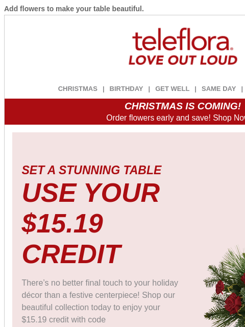 teleflora newsletter: Re: Your [$15.19] Credit