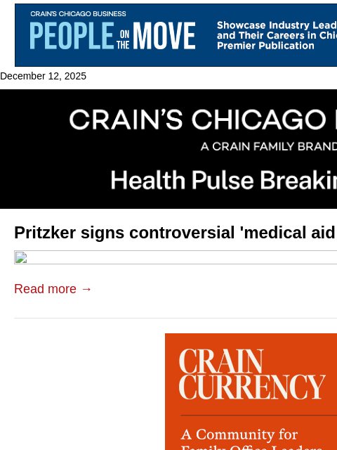 crainalerts newsletter: Pritzker signs 'medical aid in dying' bill