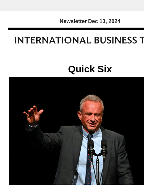 Newsletter Dec 13, 2024 Quick Six RFK Jr. weighs in on weight-loss drugs as stocks respond Robert F. Kennedy Jr.'s controversial views on GLP-1 (glucagon-like peptide-1) weight loss drugs sent fear