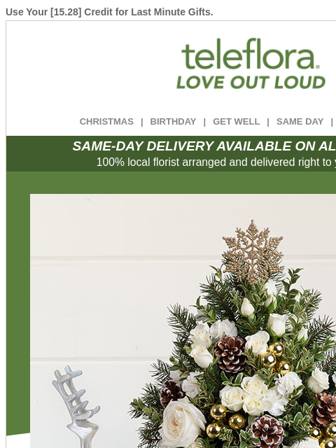 Use Your [15.28] Credit for Last Minute Gifts. View in browser ‌ teleflora CHRISTMAS | BIRTHDAY | GET WELL | SAME DAY | DEAL OF THE DAY SAME-DAY DELIVERY AVAILABLE ON ALL BOUQUETS! 100% local florist