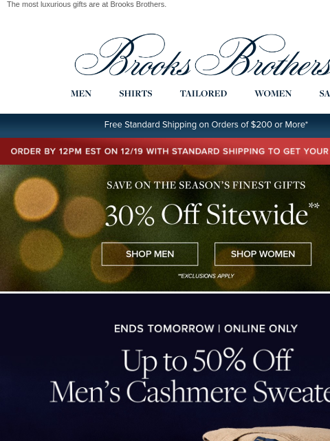 brooksbrothers newsletter: ENDS TOMORROW: Up to 50% off his cashmere sweaters