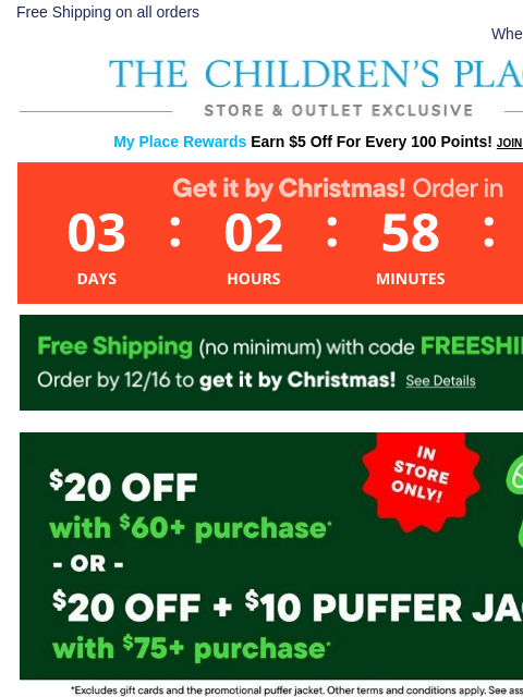 childrensplace newsletter: $20 Off Your Next $60+ Purchase— IN STORE ONLY!