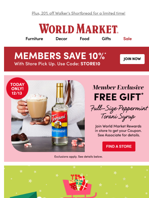 emailworldmarket newsletter: ✨1 Day Only! FREE full-size Peppermint Torani Syru...