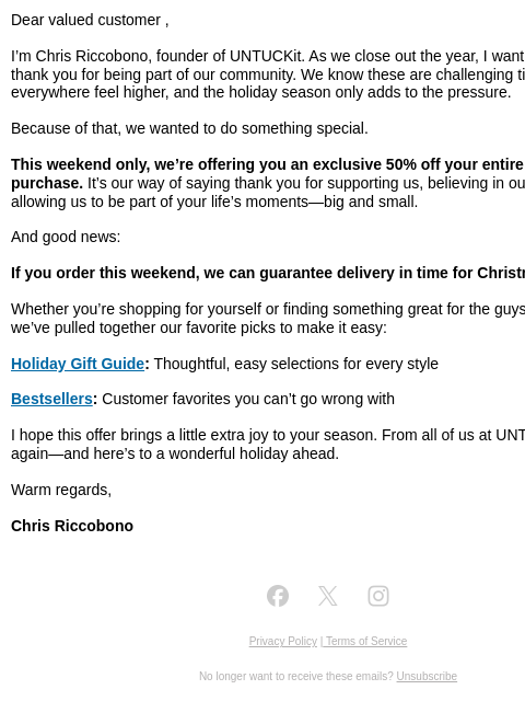 untuckit newsletter: My Gift To You: 50% Off Everything