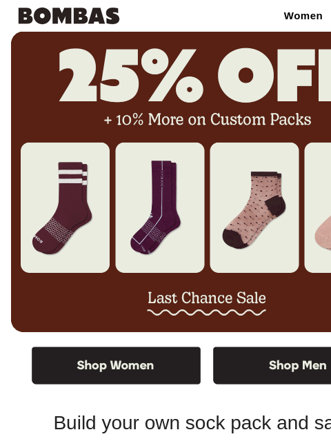 bombas newsletter: 25% Off Sitewide + Extra 10% With Custom Packs
