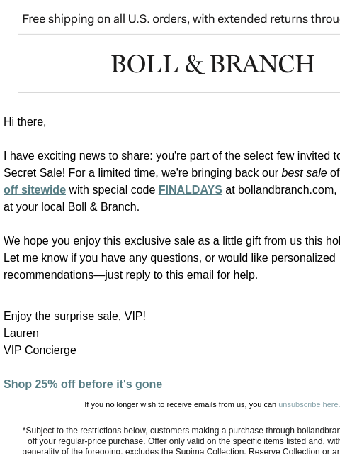 bollandbranch newsletter: Hi VIP, can you keep this sale a secret?