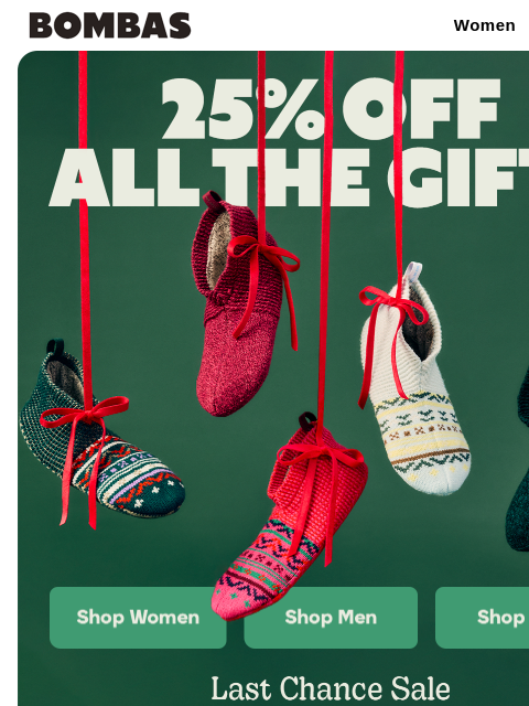 bombas newsletter: Last Chance Sale: 25% Off Gifts for Everyone
