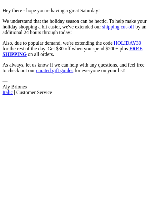 italic newsletter: Re: Extended Shipping Cut-Off