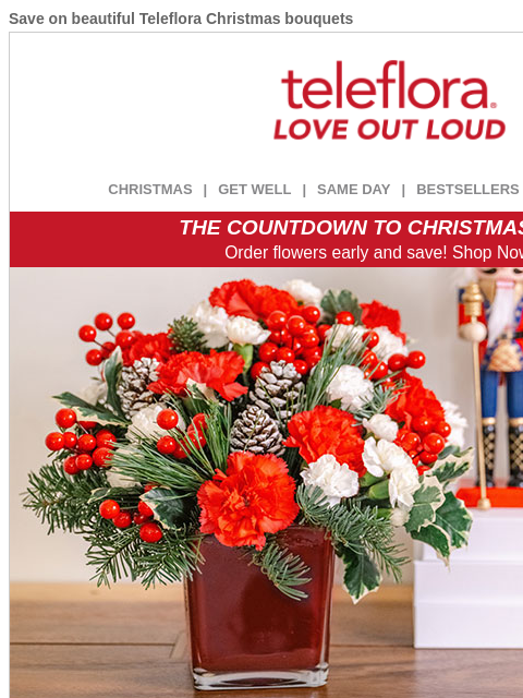 Save on beautiful Teleflora Christmas bouquets View in browser ‌ teleflora CHRISTMAS | GET WELL | SAME DAY | BESTSELLERS | DEAL OF THE DAY THE COUNTDOWN TO CHRISTMAS IS ON! Order flowers early and save