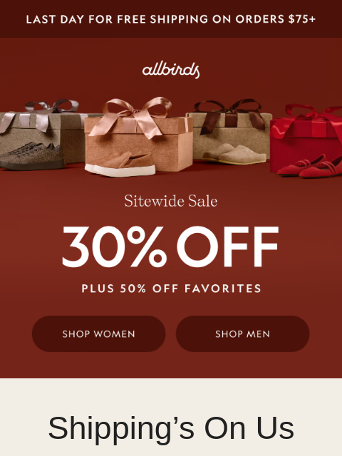 allbirds newsletter: 30% Off. Every. Thing. 🤩