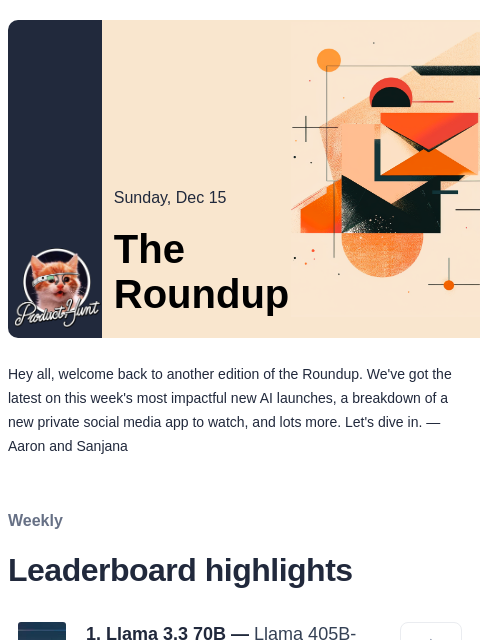 Putting the social back in social media Product Hunt Sunday, Dec 15 The Roundup Hey all, welcome back to another edition of the Roundup. We've got the latest on this week's most impactful new