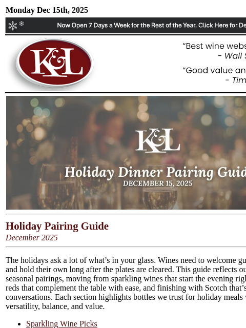 klwines newsletter: K&L Newsletter: Holiday Pairing Picks