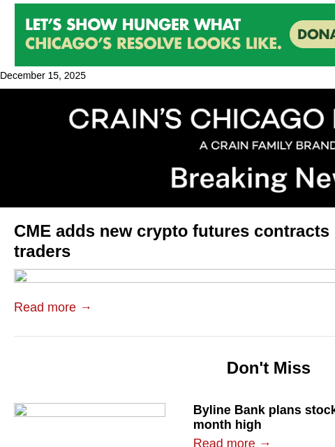 crainalerts newsletter: CME adds new crypto futures contracts