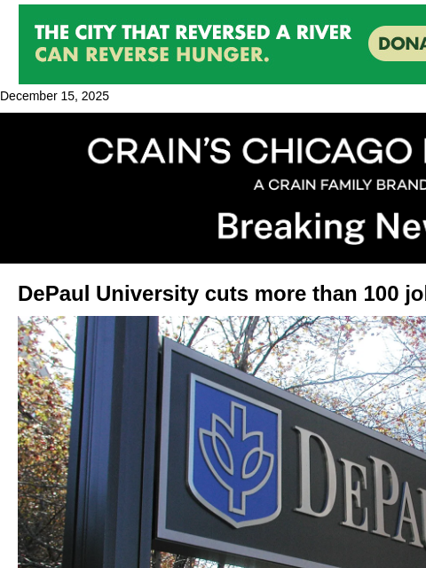 crainalerts newsletter: DePaul cuts more than 100 jobs