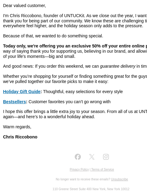 untuckit newsletter: A Special Thank You: 50% Off Everything (Ends Toni...