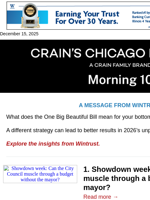 crainalerts newsletter: Chicago's budget power struggle heats up