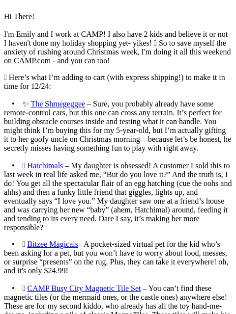 Hi There! I'm Emily and I work at CAMP! I also have 2 kids and believe it or not I haven't done my holiday shopping yet- yikes! 😅 So to save myself the anxiety of rushing around Christmas week,