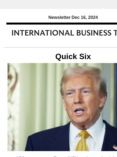 Newsletter Dec 16, 2024 Quick Six ABC agrees to pay Trump $15M settlement for defamation ABC has agreed to pay $15 million in a legal settlement with President-elect Donald Trump, bringing an end to a