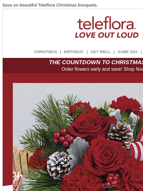 Save on beautiful Teleflora Christmas bouquets. View in browser ‌ teleflora CHRISTMAS | BIRTHDAY | GET WELL | SAME DAY | DEAL OF THE DAY THE COUNTDOWN TO CHRISTMAS IS ON! Order flowers early and save!