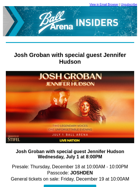 kroenkeentertainment newsletter: Josh Groban is coming to Ball Arena!