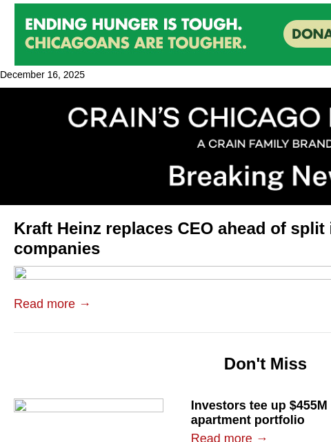 crainalerts newsletter: Kraft Heinz replaces CEO ahead of company split