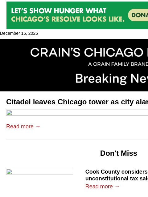 crainalerts newsletter: Citadel shrinking Chicago footprint again