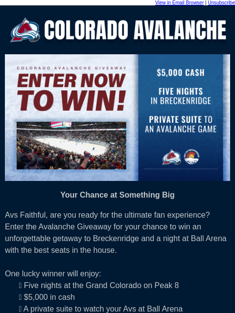 thecoloradoavalanche newsletter: ⛰️Experience Avs Hockey and Breckenridge
