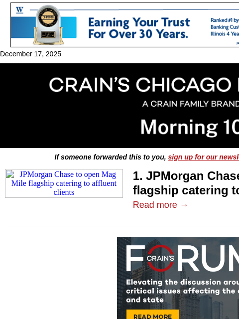 crainalerts newsletter: JPMorgan plans Mag Mile flagship