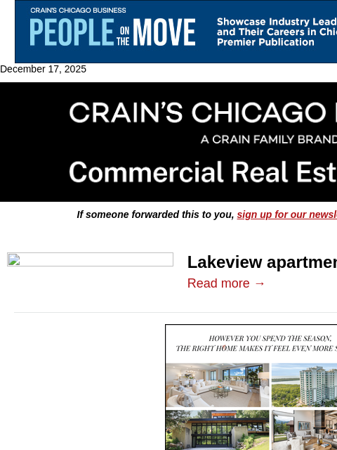 crainalerts newsletter: Lakeview apartment tower trades for $57M